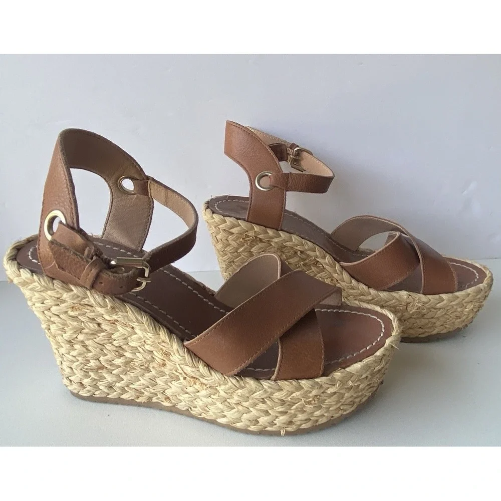 ALDO Brown Leather Espadrille Platform Wedge Sandals - Women's Size 7
